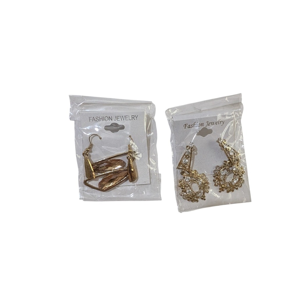 Fashion Jewelry Gold Tone Earrings Set Amber Drop Filigree Rhinestone Dangle